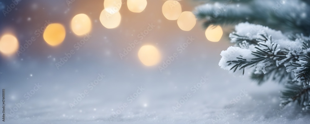 Snowy background with fir branches and garland lights to showcase product and design. New Year and Christmas concept.