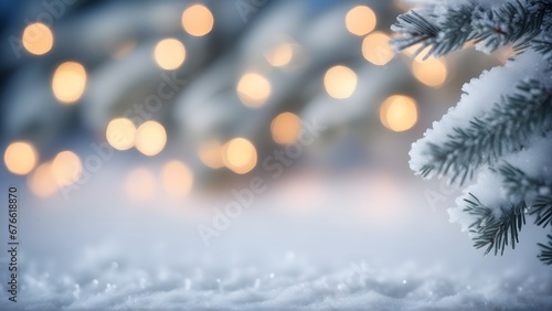 Snowy background with fir branches and garland lights to showcase product and design. New Year and Christmas concept. © 360VP
