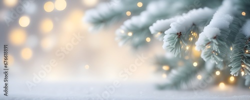 Snowy background with fir branches and garland lights to showcase product and design. New Year and Christmas concept. photo