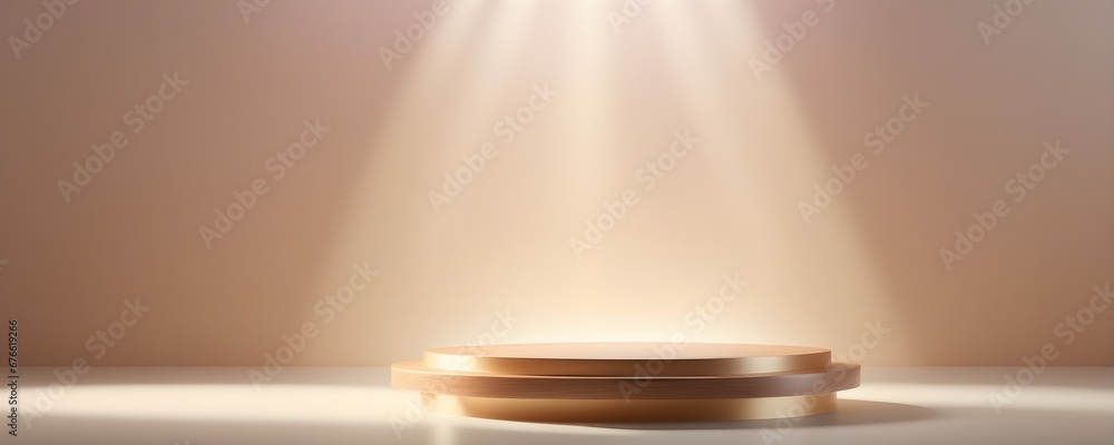 Elegant product display podium scene. Round podium on table counter with natural light.