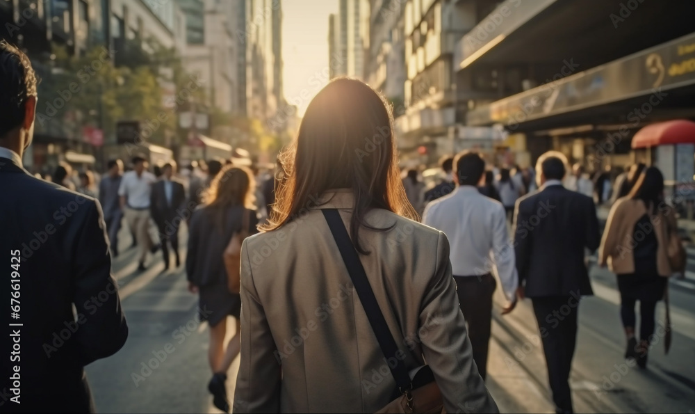 businesswoman with crowded people in city