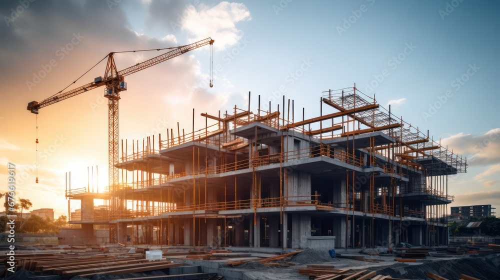 Construction background: A Construction site of large residential commercial building, some already built, large metal structure with bright sky background. Construction background: A Construction site of large residential commercial building, some already built, large metal structure with bright sky background.