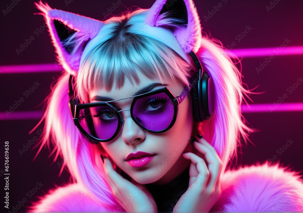 Cyberpunk neon pink catgirl. Fetish fashion. Furry cat woman ears and glasses. AI Generative Cyberpunk neon pink catgirl. Fetish fashion. Furry cat woman ears and glasses. AI Generative