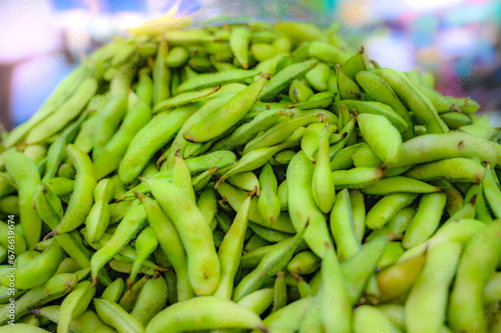 Fresh Edamame soybeans on the stand at the market