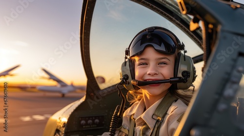 A beautiful young female pilot takes a selfie in the cockpit while piloting a plane with the sky in the background. The concept of the dream of flying a plane.