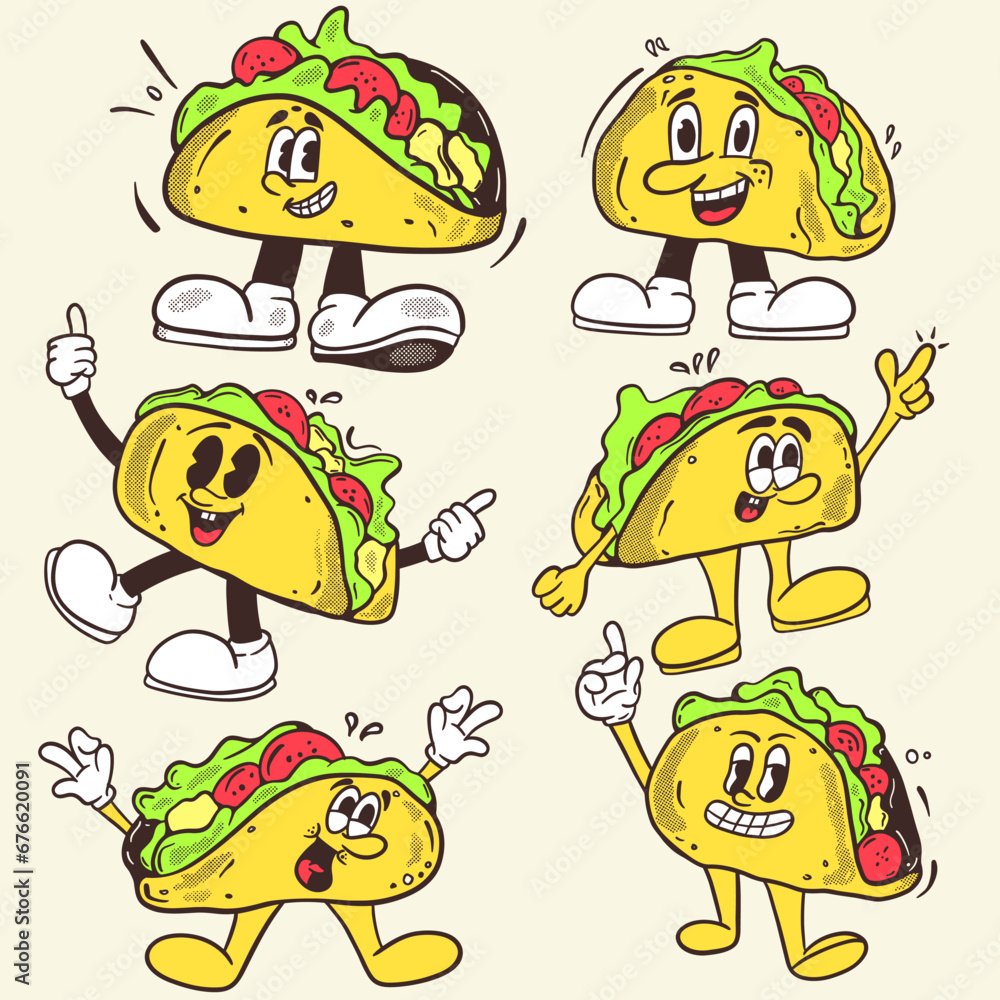 taco cartoon mascot retro illustration hand draw Collection set
