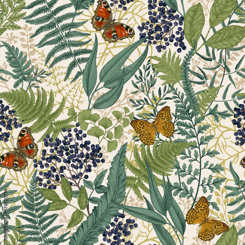 Seamless pattern with butterflies, leaves.