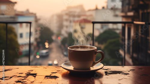 close-up of a steaming cup of coffee on a balcony overlooking the awakening streets at morning sunrise. photo