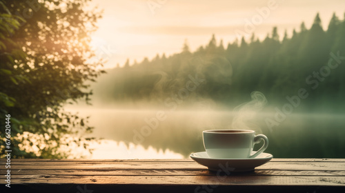 a steaming cup of coffee set against the backdrop of a tranquil natural setting, like a misty forest or a serene lake