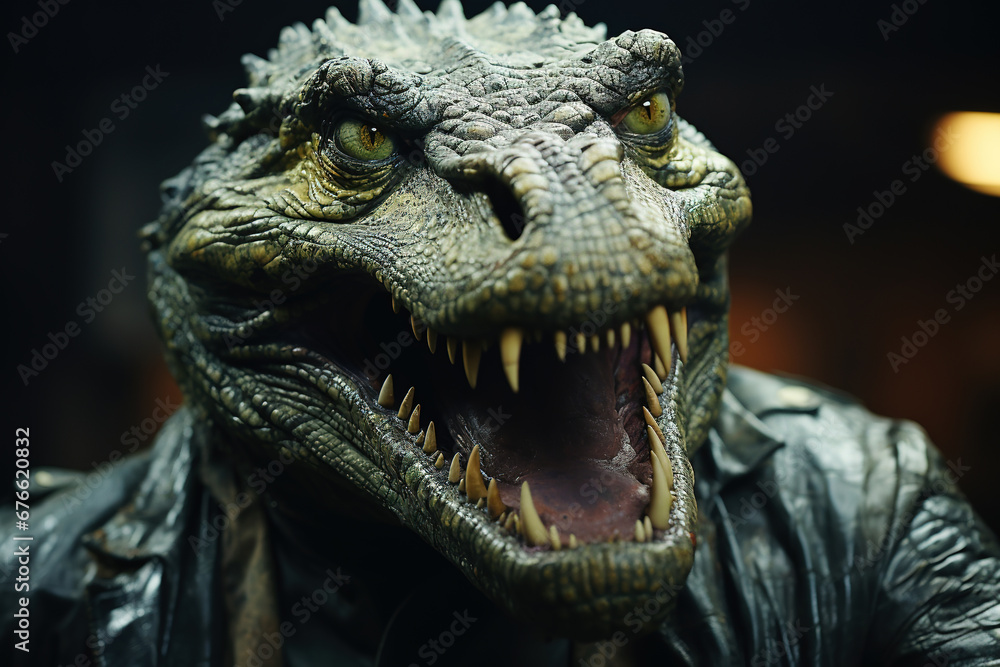 Detailed Crocodile Head Sculpture with Menacing Fierce Expression. Close up