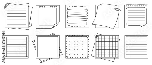 Paper sticky notes, Notepaper Sticker Notepads contour set. Sheet list posts, copybook page lined or grid. Stationery elements planning education writing blank organizer. Isolated vector illustration