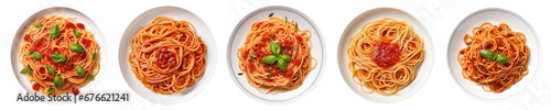 Spaghetti with sauce in a white plates isolated on transparent background, top view