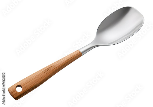 Steel spoon with wooden handle isolated on transparent background