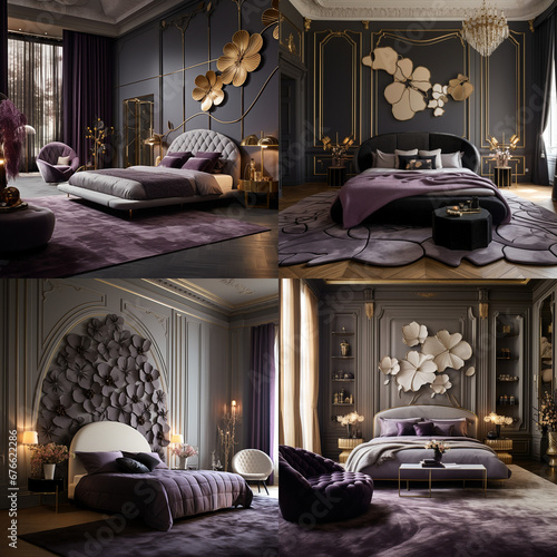 Bedroom neoclassic gray purple colors AI  photo