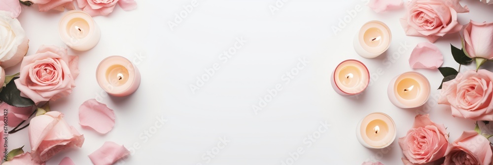 Valentine's day banner with blank space in middle, candles and pink roses at border Valentine's day banner with blank space in middle, candles and pink roses at border