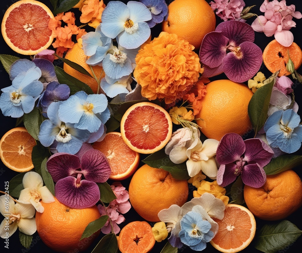 A vibrant assortment of oranges, flowers, and leaves in a surrealistic composition. Generative AI. A vibrant assortment of oranges, flowers, and leaves in a surrealistic composition. Generative AI.