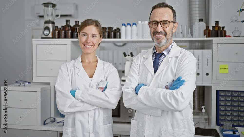 Two smiling scientists working together in lab, standing with arms crossed, marvelling at their medical breakthrough Two smiling scientists working together in lab, standing with arms crossed, marvelling at their medical breakthrough