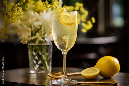 The timeless elegance of a French 75 cocktail in a crystal glass against the backdrop of a sophisticated Parisian bistro photo