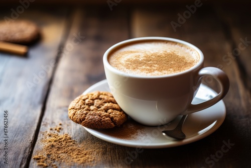 An Inviting Mug of Frothy Oatmeal Cookie Latte Highlighted by Soft Dawn Light
