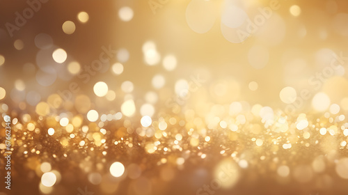 Glittering golden white bokeh particle background for advertising. Celebrate the New Year holiday. Generative AI.