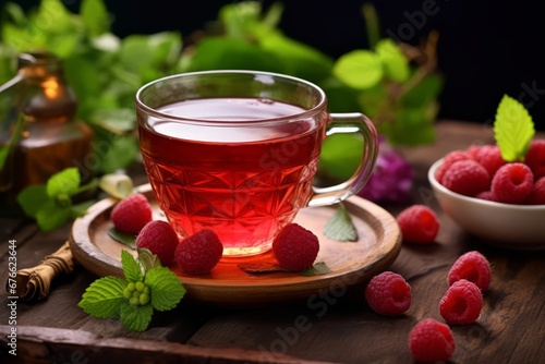 Experience the warmth and coziness with this steaming mug of raspberry tea amidst a rustic setting