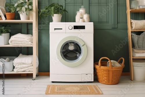 Domestic room with washing machine, baskets and laundry essential things. generative ai.