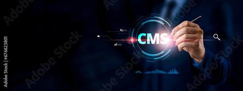 Concept of CMS - Content Management System. Website management software, seo optimization, administration, user rights settings, site configuration and cms statistics. Blogging. Freelance.