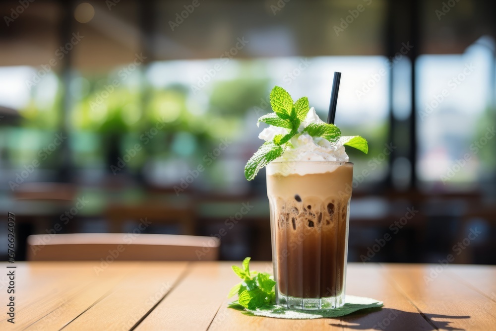 Summer's favorite refreshment: Frosted mint coffee served on a wooden table Summer's favorite refreshment: Frosted mint coffee served on a wooden table