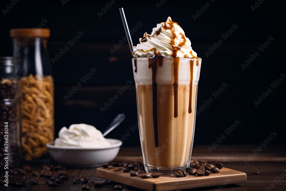Detailed view of a refreshing coffee frappe served in a tall glass on a vintage wooden table Detailed view of a refreshing coffee frappe served in a tall glass on a vintage wooden table