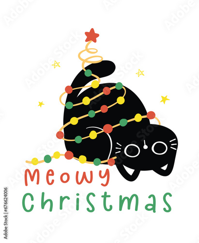 Cute Christmas Black Cats adorned with lights, Meowy Christmas, humour greeting card, Funny and Playful Cartoon Illustration.