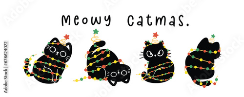 Group of Cute Christmas Black Cats adorned with lights, Meowy Catmas, humor banner and greeting card, Funny and Playful Cartoon Illustration.