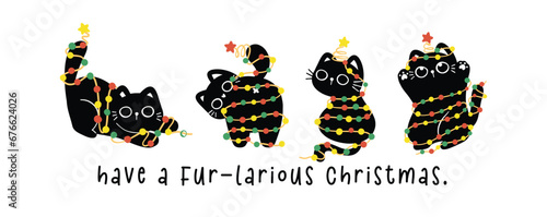 Group of Cute Christmas Black Cats adorned with lights, humor banner and greeting card, Funny and Playful Cartoon Illustration. © Natsicha