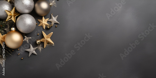 Christmas Decorations on Black Background for Flat Lay  .A Festive Array of Christmas  Decor on a Black Background . photo