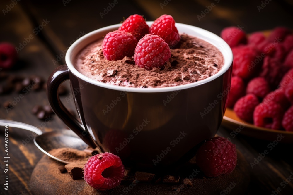 Deliciously tempting raspberry and chocolate coffee with a dusting of cocoa powder Deliciously tempting raspberry and chocolate coffee with a dusting of cocoa powder
