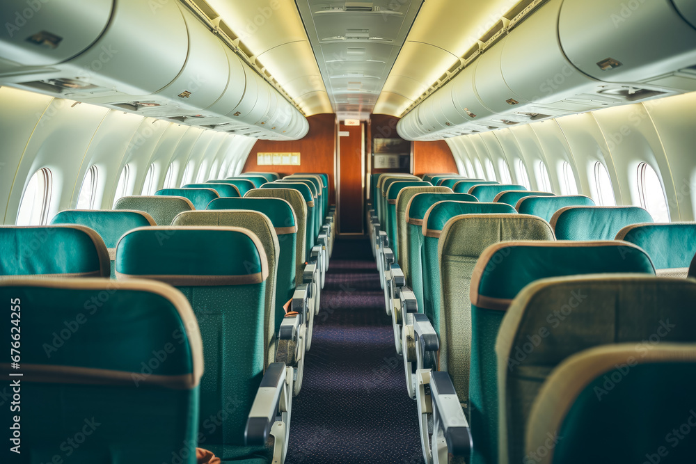 Fototapeta premium Interior of airplane with rows of seats. Interior of airplane.