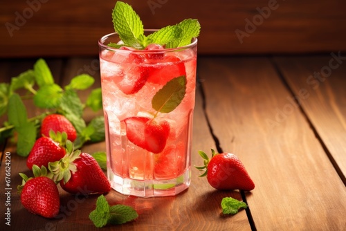 A Summery Beverage: Strawberry and Ginger Ale Served Cold with Fresh Strawberries and Ginger Slice