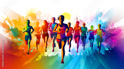 Marathon running race, people silhouettes on colorful background.