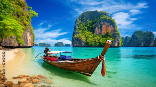 Longtail boat on the beach in Thailand. photo