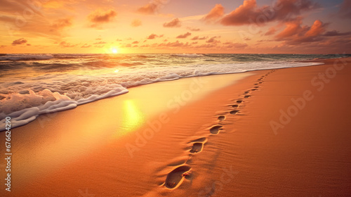 Beautiful seascape with footprints in the sand at sunset.