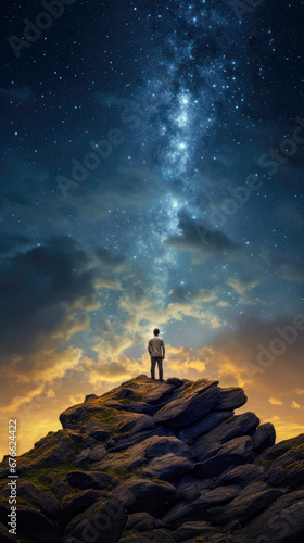Businessman standing on top of a rock looking at the milky way