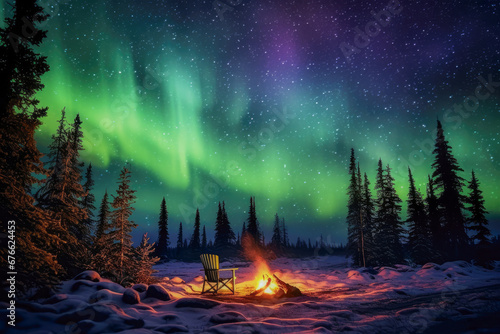 Aurora borealis, northern lights over bonfire in winter forest. photo