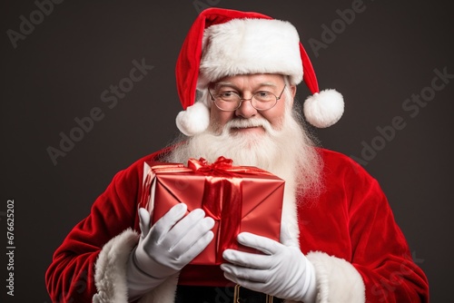 photo portrait of a santa claus holding a gift box, one color background and copy space, generative ai © ImronDesign