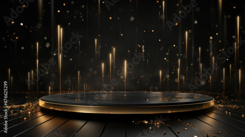 Luxury Black podium against sparkle lighting on dark elegant background. Design for discount, sale marketing concept, ads or product presentation, social media banner, flyer, brochure. Generative AI