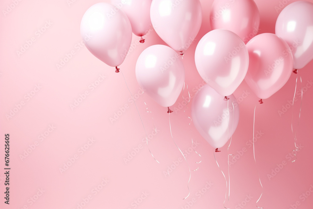 Various shape and soft pink colored flying group of balloons on plain studio pink background | Pink balloons on a pink background | Birthday celebration balloons | Valentine day | Party celebration