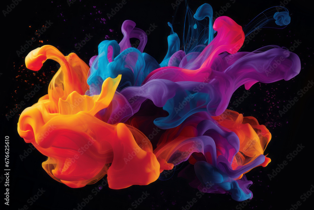 Swirling liquid flow with color blending on a black background. - obrazy, fototapety, plakaty 