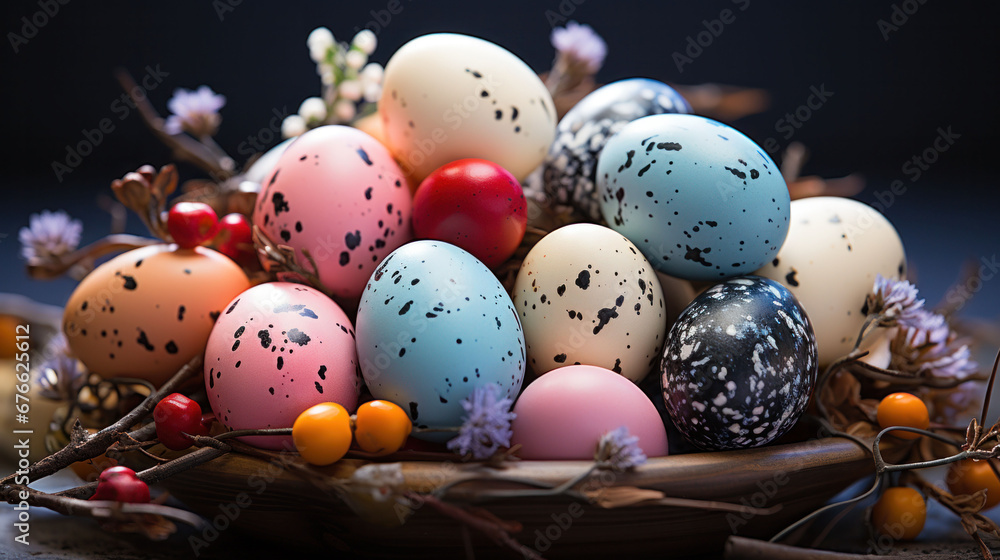 Assorted Easter eggs in a woven basket with spring twigs on a dark wooden surface.