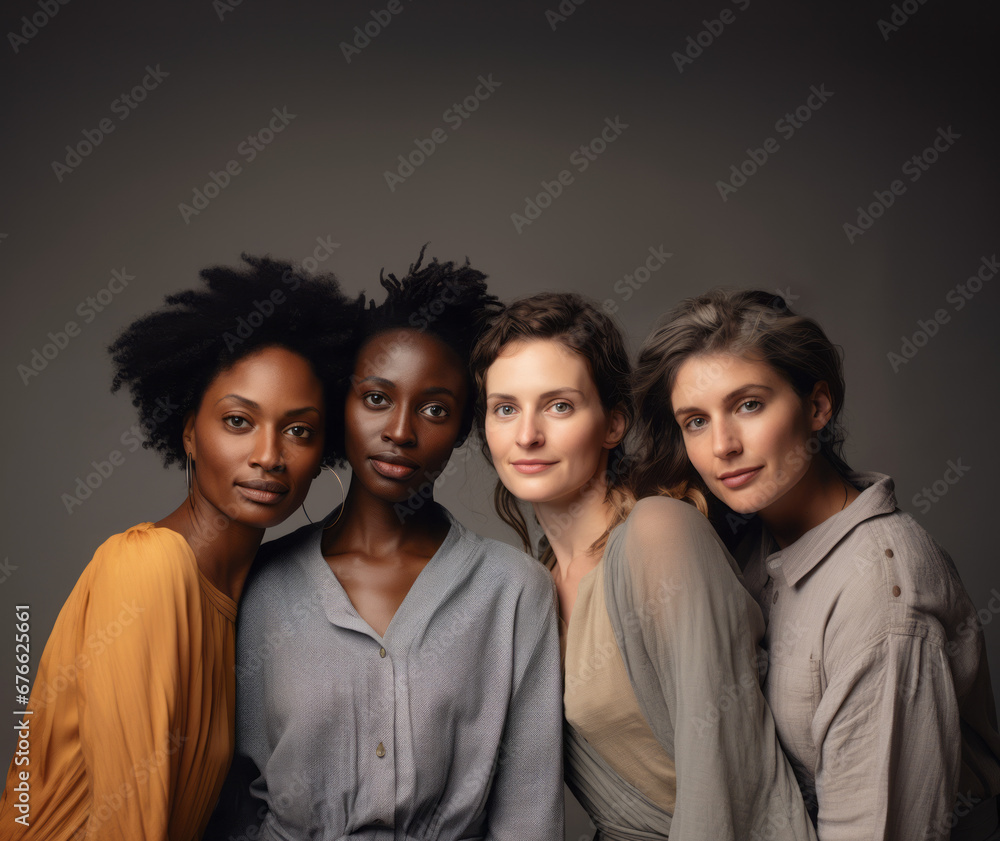 Obraz premium Four women wearing different colors posing together.