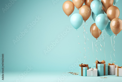 Various shaped and gift boxes hanging on soft pastel colored flying group of balloons | Flying ribbons and party celebration ornaments on cyan background | Birthday celebration | Party decoration