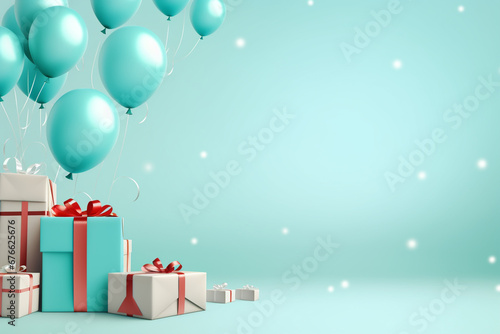 Various shaped and gift boxes hanging on soft pastel colored flying group of balloons | Flying ribbons and party celebration ornaments on cyan background | Birthday celebration | Party decoration