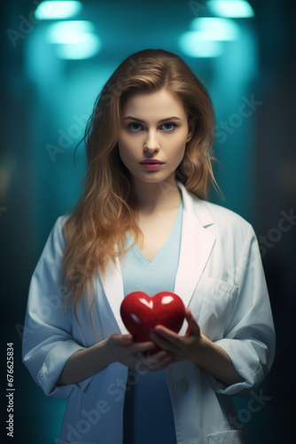 Woman doctor holding a red heart with soft edges and blurred details.